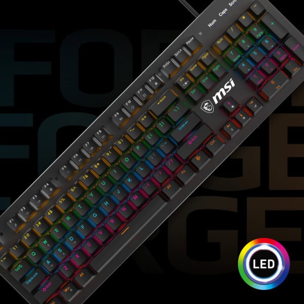 Özelleştirilebilir renkli LED ile RGB mekanik bilgisayar klavyesi, oyun ve çalışma için yüksek performanslı ve şık tasarım. MSI marka, ergonomik ve dayanıklı, çok renkli aydınlatma özellikli klavye.