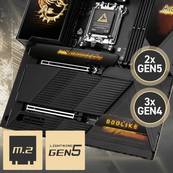 Yüksek performans için tasarlanmış gamers anakartı, 2x GEN5 ve 3x GEN4 M.2 yuvalarıyla üstün hız ve depolama seçenekleri sunar. Işıklandırmalı tasarımıyla dikkat çeker, oyun en iyi deneyim için optimize edilmiştir.