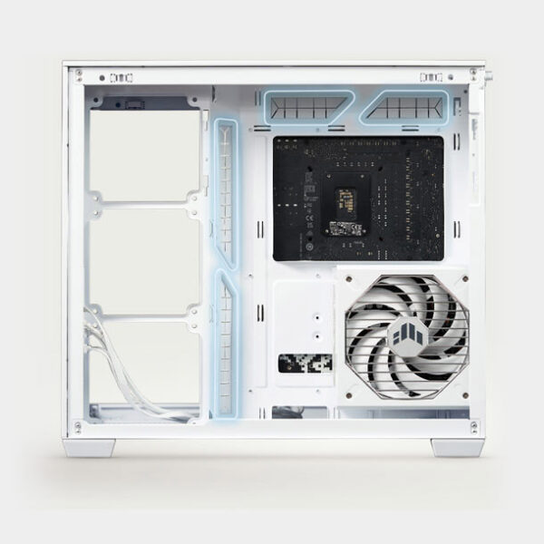 ASUS A32 PLUS Case Görüntü, boş bir oyun veya bilgisayar kasasının iç kısmını şeffaf ve modern tasarımıyla gösteriyor. Güç kaynağı, soğutucu fan ve anakart için alanlar bulunuyor. Yüksek kaliteli ve hava akışını optimize eden şeffaf sıvı soğutma ve kablolama düzeni ile en iyi oyun veya çalışma bilgisayarı kurulumuna uygun tasarım. Gaming, bilgisayar kasası, iç tasarım, soğutma sistemleri ve performans odaklı PC kurulumları için ideal.