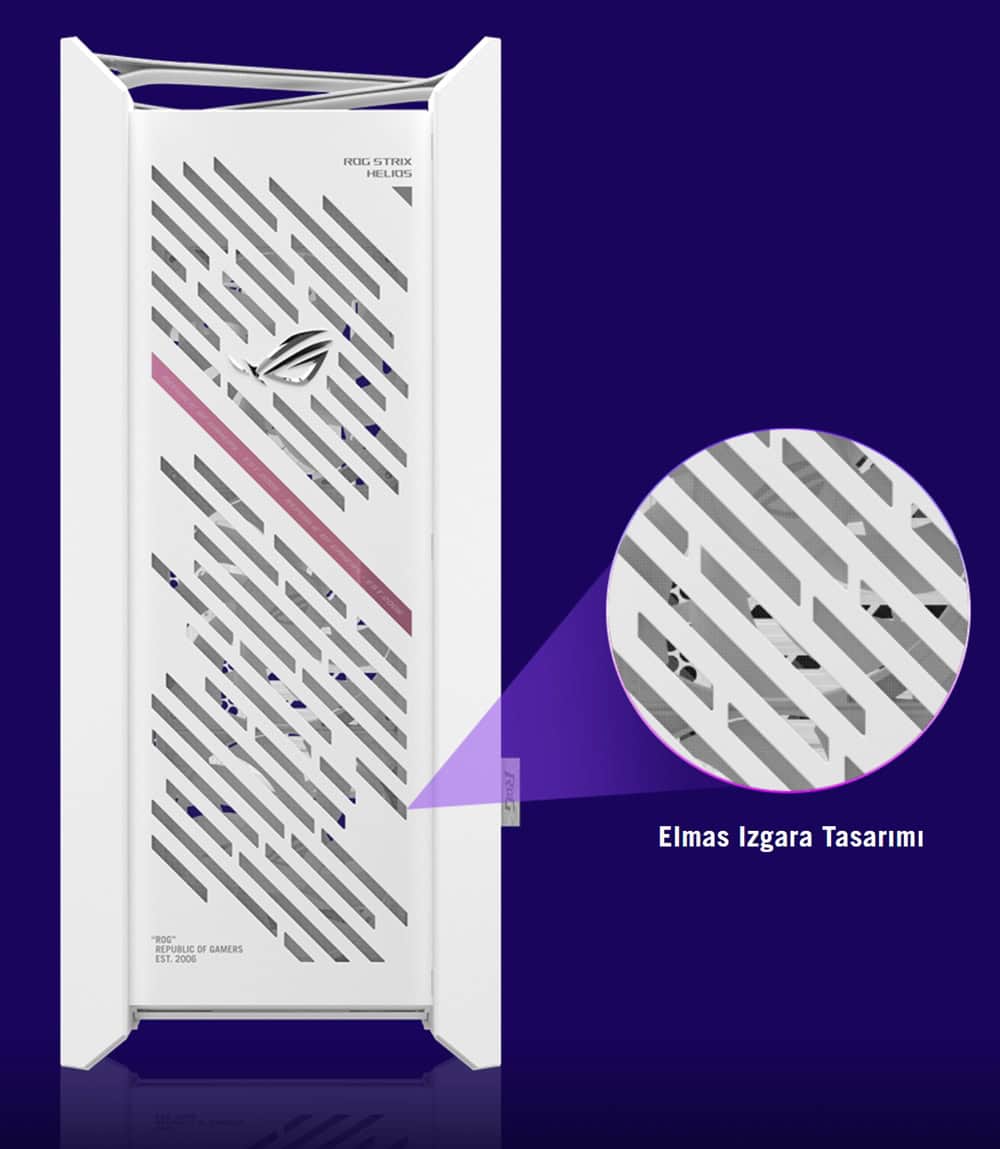 ROG Heliator Elmas Izgara Tasarımı, hava akışını optimize eden yenilikçi delikli metal ızgara, güçlü soğutma ve dayanıklılık sağlar, gamerlar için üstün performans ve estetik sunar.