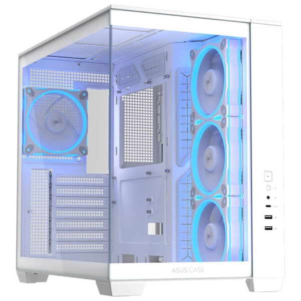 ASUS A32 PLUS Case Yüksek hava akışlı beyaz bilgisayar kasası, RGB aydınlatmalı soğutucu fanlar ve geniş iç hacimle oyun ve yüksek performans ihtiyaçlarına uygun.
