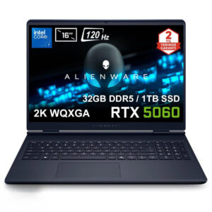 Dell Alienware 16 Aurora gaming dizüstü bilgisayarı, 16 inç ekran, RTX 5060 grafik kartı, 32GB DDR5 RAM, 1TB SSD, 2K WQXGA ekran ve Ubuntu işletim sistemi ile yüksek performans sağlar.