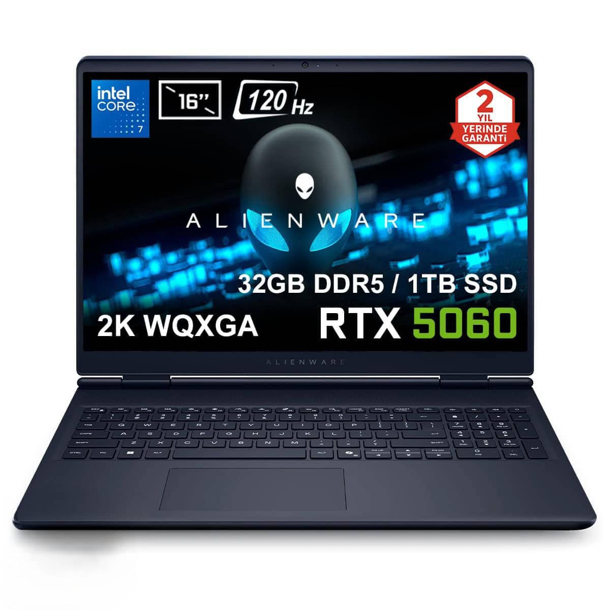Dell Alienware 16 Aurora gaming dizüstü bilgisayarı, 16 inç ekran, RTX 5060 grafik kartı, 32GB DDR5 RAM, 1TB SSD, 2K WQXGA ekran ve Ubuntu işletim sistemi ile yüksek performans sağlar.