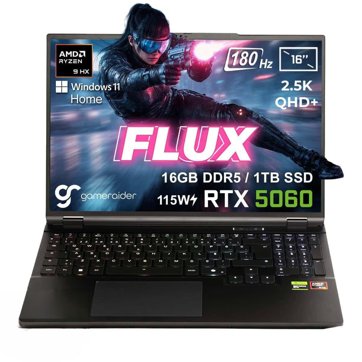 Gameraider Flux Gr16 Amd Ryzen 9 8940hx Geforce Rtx 5060 8gb 115w 16gb Ddr5 1tb Ssd 16 Inç 2.5k Qhd+ 180hz W11 Home Gaming Laptop Çanta Hediyeli 1