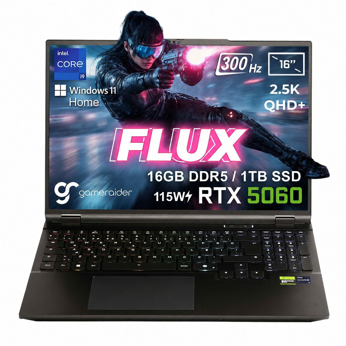 Gameraider Flux Gr16 Intel Core I9 14900hx Geforce Rtx 5060 8gb 115w 16gb Ddr5 1tb Ssd 16 Inç 2.5k Qhd+ 300hz W11 Home Gaming Laptop Çanta Hediyeli