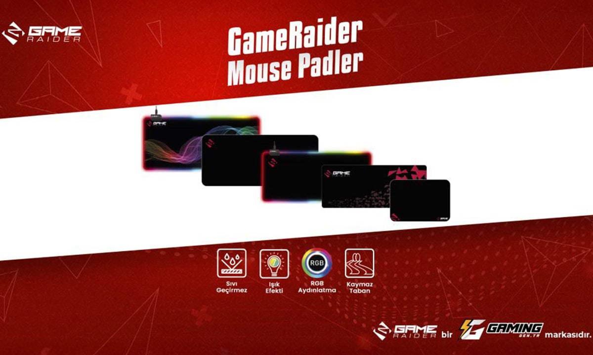 Oyun odaklı, RGB ışıklandırmalı, su geçirmez, düşük kaydırmaz taban ve uzun ömürlü malzeme özelliklerine sahip GameRaider mouse padleri ile oyun deneyiminizi geliştirin.