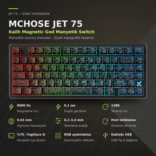 Mchose Jet 75 E Sport Black Topographic Kailh Magnetic God Manyetik Switch 8k Hz Hall Effect Hotswap Rgb İngilizce Gaming Klavye (hw Jet75 10) 2