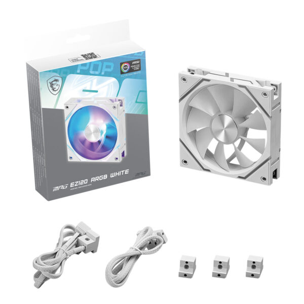 Yüksek performanslı RGB beyaz bilgisayar soğutucu fanı, MSI ve MSI Mystic Light uyumlu, 120mm ölçü, şeffaf tasarım, yüksek hava akışı, oyun ve bilgisayar sistemleri için ideal.