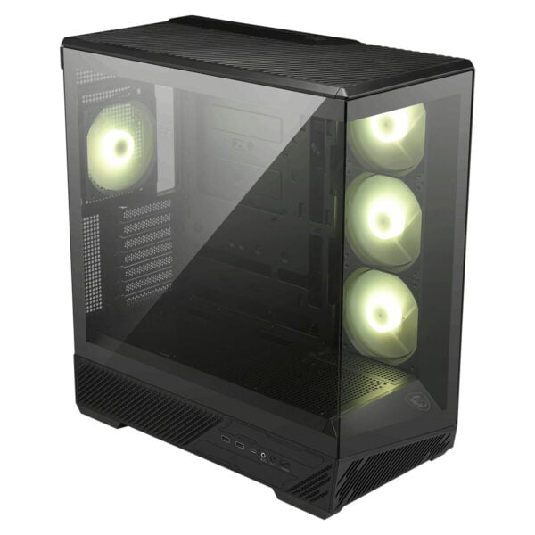Yüksek hava akışı sağlayan kasa, yeşil RGB aydınlatmalı fanlarla donatılmış, geniş iç hacmi ve modern tasarımıyla oyun performansını artırır.