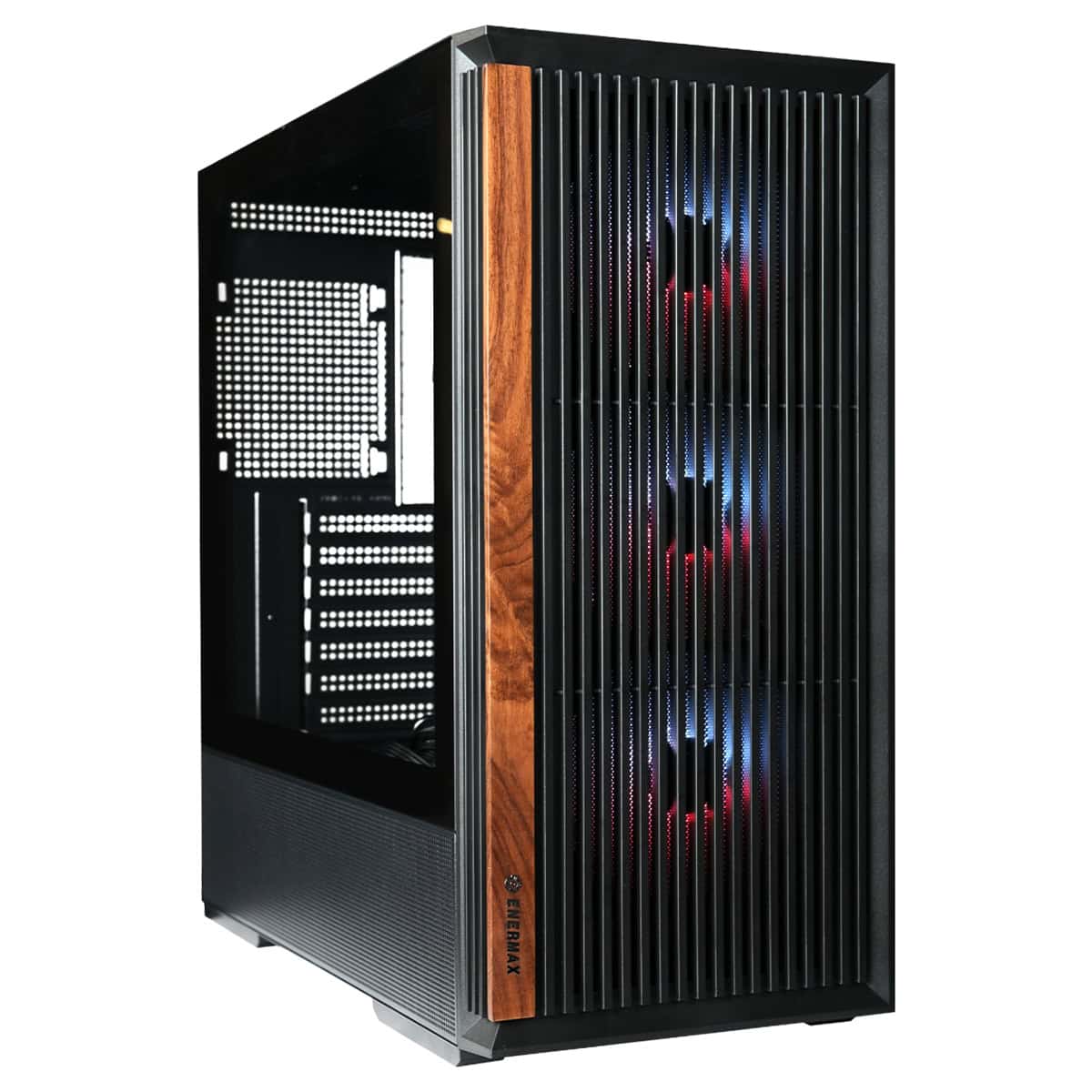 Gelişmiş oyun bilgisayarı kasası, siyah metal gövde ve ahşap detaylar, ön panelde RGB aydınlatmalı fanlar ve şeffaf yan panel ile yüksek performanslı donanım sergiliyor.