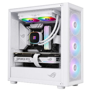 Beyaz renkli, RGB aydınlatmalı gaming bilgisayar kasası, iç donanımı ve soğutma sistemi görünmekte.