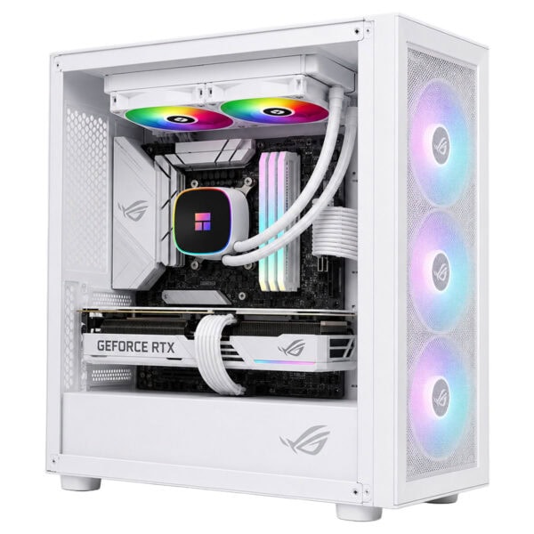 Beyaz renkli, RGB aydınlatmalı gaming bilgisayar kasası, iç donanımı ve soğutma sistemi görünmekte.
