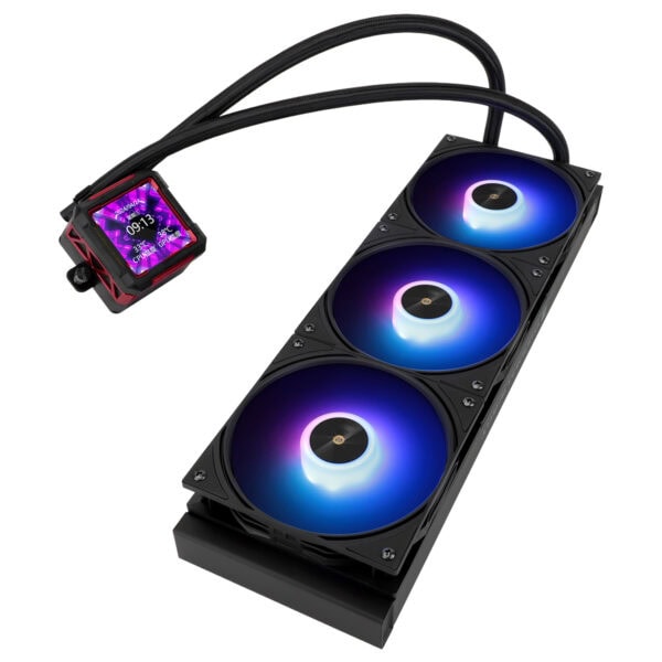 Yüksek kaliteli RGB aydınlatmalı bilgisayar işlemci soğutucu fanı ve ekranlı kontrol cihazı. Gaming ve yüksek performanslı bilgisayarlar için ideal soğutma çözümü.