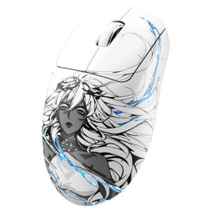 Yüksek çözünürlüklü görselde, şimşek detayları ve anime tarzı kadın karakterin çizimiyle süslenmiş, oyun ve bilgisayar aksesuarlarına uygun özel tasarım mouse yer alıyor.