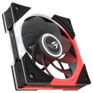 ASUS ROG Eurux GR120 ARGB 120mm kasa fanı yakın planda siyah-kırmızı tasarım, LED ışıklandırmalı soğutucu kanatlı fan.