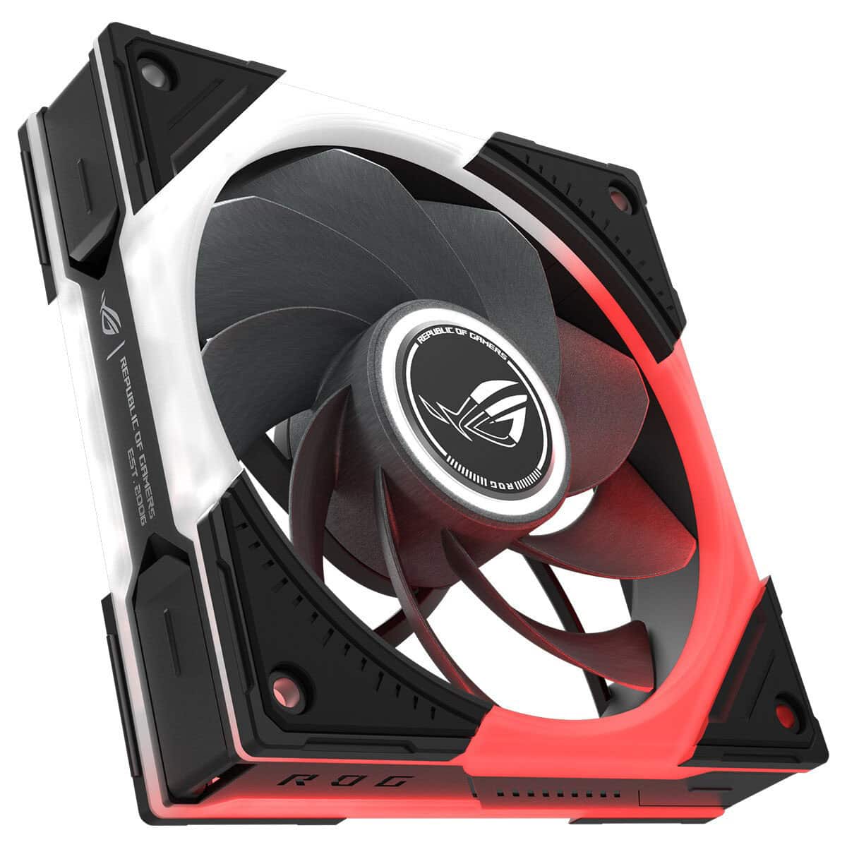 ASUS ROG Eurux GR120 ARGB 120mm kasa fanı yakın planda siyah-kırmızı tasarım, LED ışıklandırmalı soğutucu kanatlı fan.