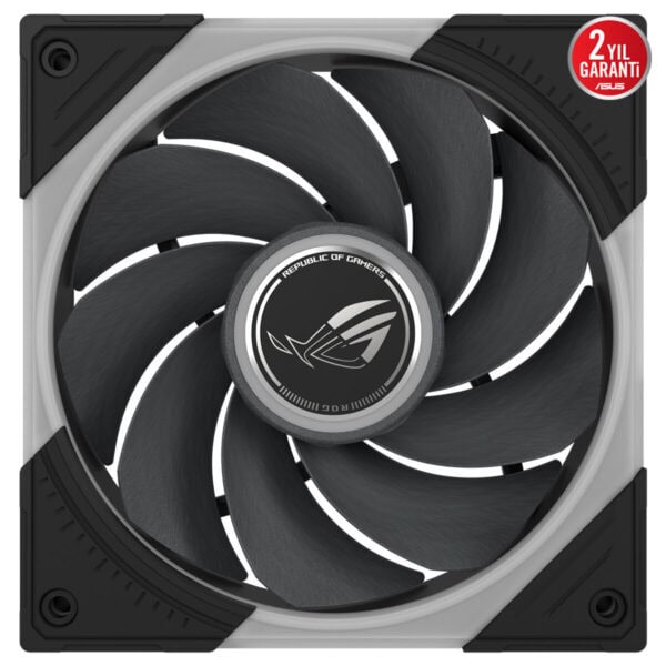 ASUS ROG Eurux GR120 ARGB 120mm kasa fanı, siyah gri renkli ince kanatları ve ARGB ışık etkisiyle şık kasa soğutması için tasarlanmış.