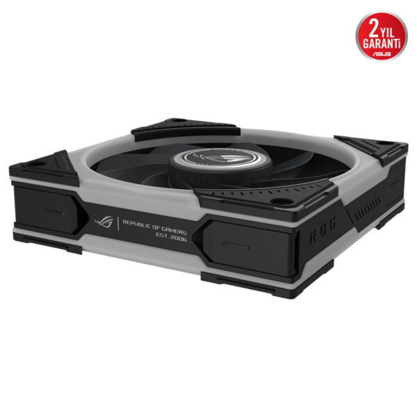 ASUS ROG Küçük Boyutlu ARGB Kasa Fanı, gri ve siyah renkli, dört köşesinde koruyucu yaprak uçlarıyla, merkezi fan ve ROG logolu tasarım; ARGB aydınlatmalı 120mm soğutucu.