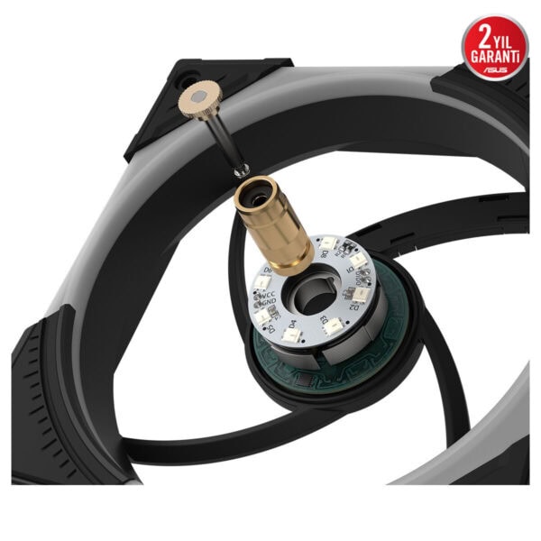 ASUS ROG Eurux GR120 ARGB 120mm kasa fanı için yerleşik step motoru ve bakır burunlu bağlantı aksesuarı gösterimi, ARGB aydınlatmayı içeren yüksek performanslı soğutucu fanı tasarımı.