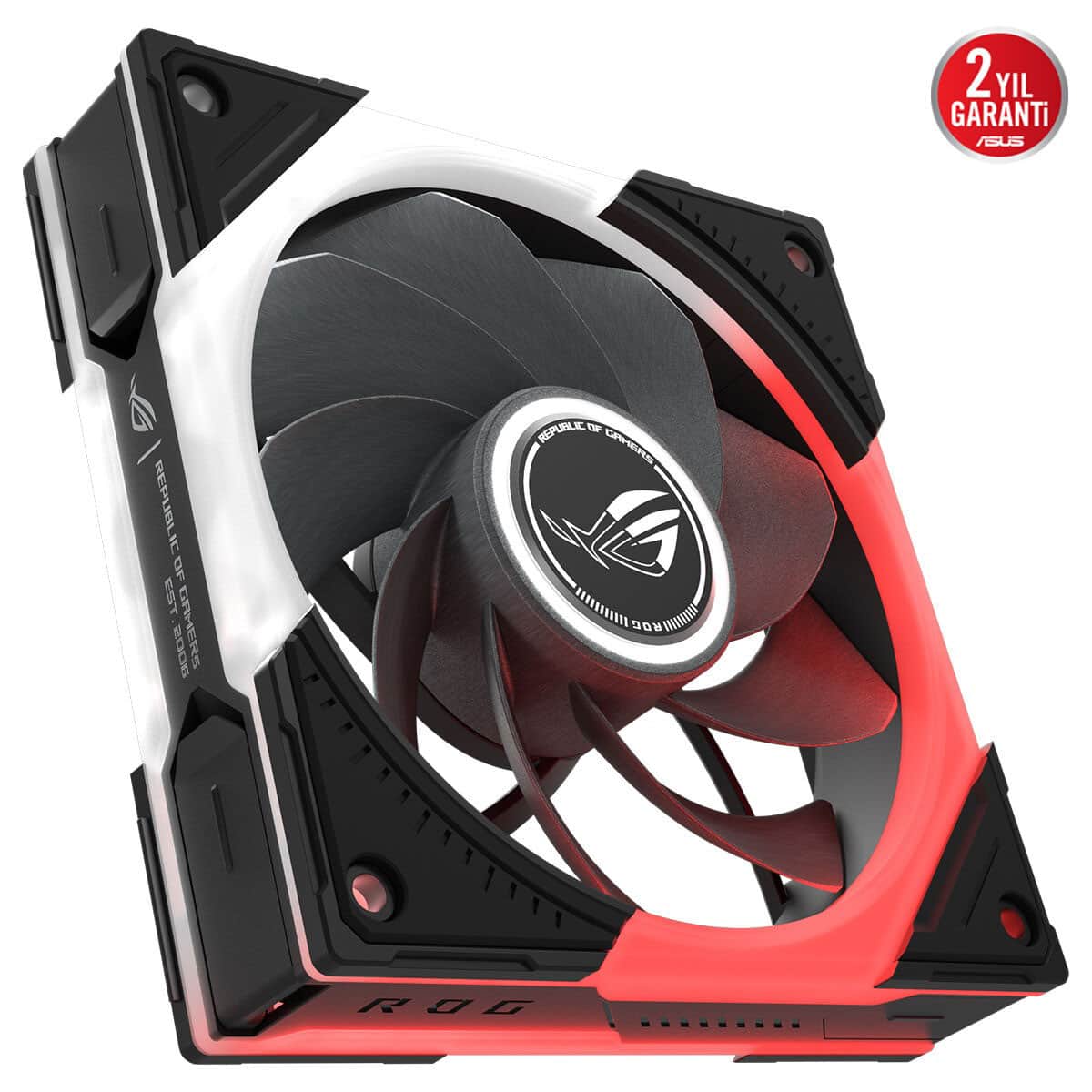 ASUS ROG Eurux GR120 ARGB 120mm kasa fanı, siyah-kırmızı renkli ince tasarım ve LED ışık detaylarıyla vurgulanmış, üst düzey soğutma performansı için geniş kanat yapısına sahip.
