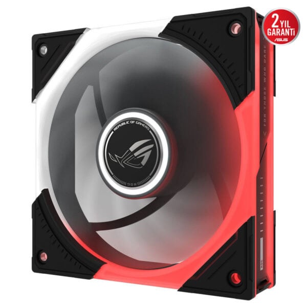 ASUS ROG Eurux GR120 ARGB 120mm kasa fanı, kırmızı aydınlatmalı LED halka ve siyah-kırmızı çerçeve ile görülen soğutucu fanı.
