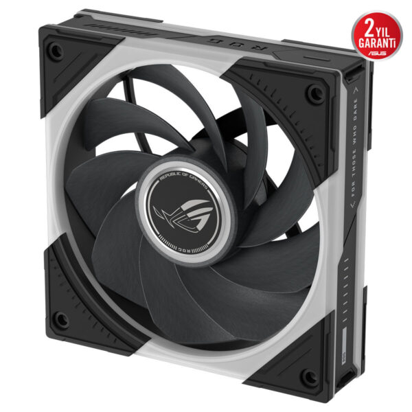 ASUS ROG Eurux GR120 ARGB 120mm kasa fanı görünümü, siyah ve gri renkli modern soğutma fanı, ARGB aydınlatma bölümü ve metalik merkeze sahip.