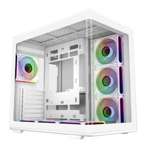 Kadın ve erkek oyuncular için RGB aydınlatmalı gaming kasa. Beyaz renkli, 3 adet fan ve geniş iç hacim ile yüksek performanslı bilgisayar sistemleri oluşturmak için ideal.