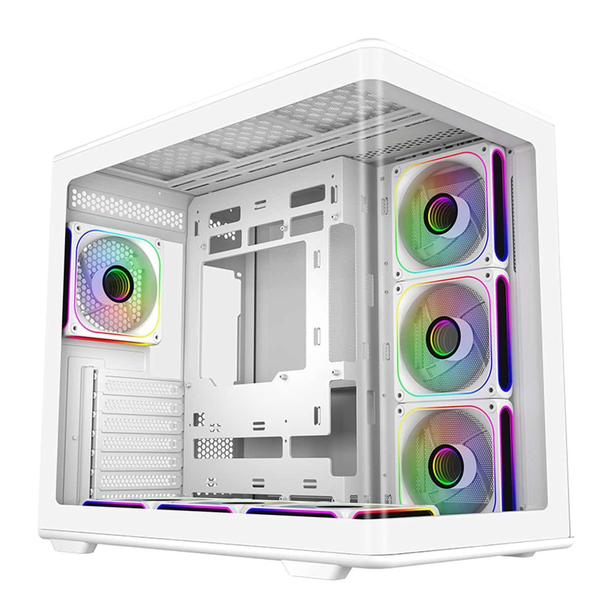 Kadın ve erkek oyuncular için RGB aydınlatmalı gaming kasa. Beyaz renkli, 3 adet fan ve geniş iç hacim ile yüksek performanslı bilgisayar sistemleri oluşturmak için ideal.