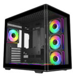 Renkli RGB fanlar ve şeffaf cam panel ile modern oyun bilgisayarı kasası. Yüksek performanslı ve estetik tasarımıyla dikkat çekici bilgisayar kasası.
