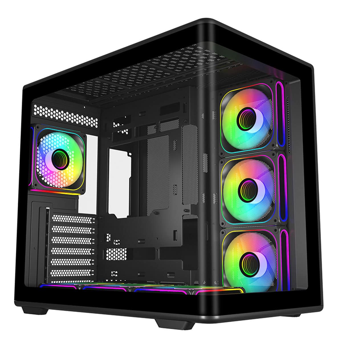 Renkli RGB fanlar ve şeffaf cam panel ile modern oyun bilgisayarı kasası. Yüksek performanslı ve estetik tasarımıyla dikkat çekici bilgisayar kasası.