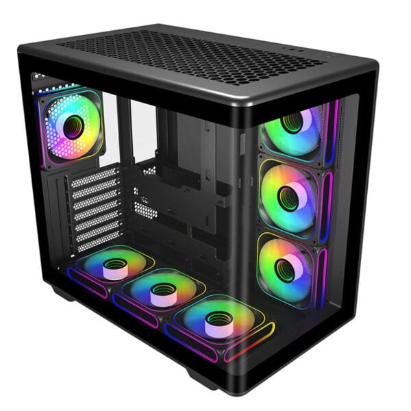 Renkli RGB aydınlatmalı kasa ve fanlar, oyun ve yüksek performanslı bilgisayar sistemleri için şık tasarım. Hızlı hava akışı ve estetik görsellik ile ideal oyun deneyimi sağlar.