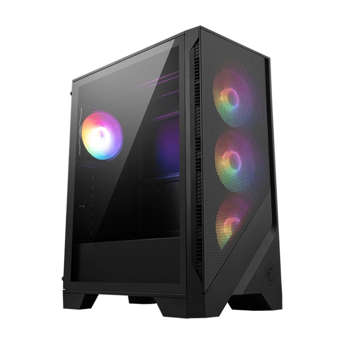 RGB aydınlatmalı oyun bilgisayarı kasası, ön panelde üç adet RGB fan ve şeffaf cam panel ile modern tasarım.