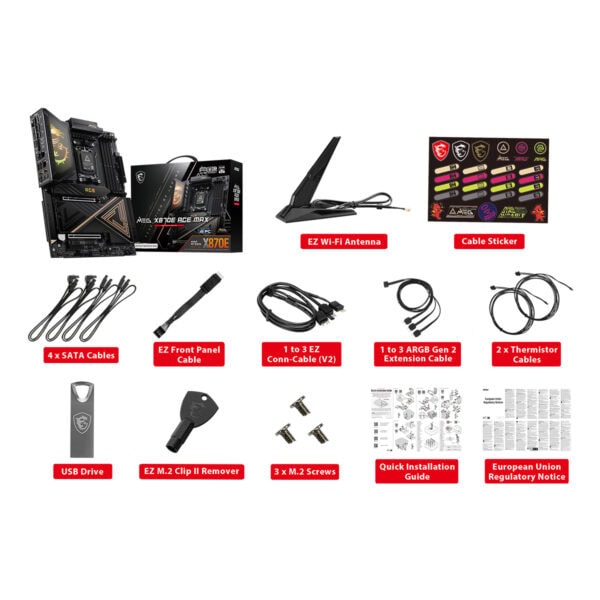 MSI MEG X870E ACE MAX anakart ve bağlantı kabloları, DDR5 RAM, HDMI ve DP çıkışları ile yüksek performanslı anakart.