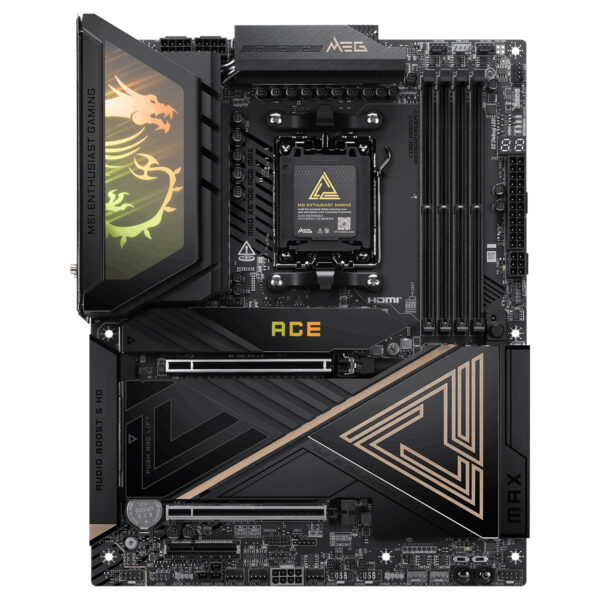 MSI MEG X870E ACE MAX 9000MHz DDR5 Anakart, AM5 soketli, M.2 ve HDMI çıkışlı, ATX form faktörlü yüksek performanslı anakart.