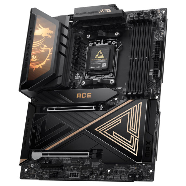 MSI MEG X870E ACE anakart, AM5 soketli ve DDR5 RAM desteğiyle üstün oyun ve overclock performansı sağlar. 9000MHz hızında OC desteği, M.2 ve HDMI çıkışlarıyla gelişmiş bağlantı imkanları sunar.