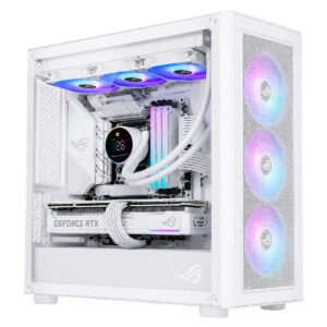 Yüksek performanslı gaming bilgisayar iç tasarımı, RGB aydınlatmalı fanlar, su soğutucu ve gelişmiş soğutma sistemleriyle donatılmış.