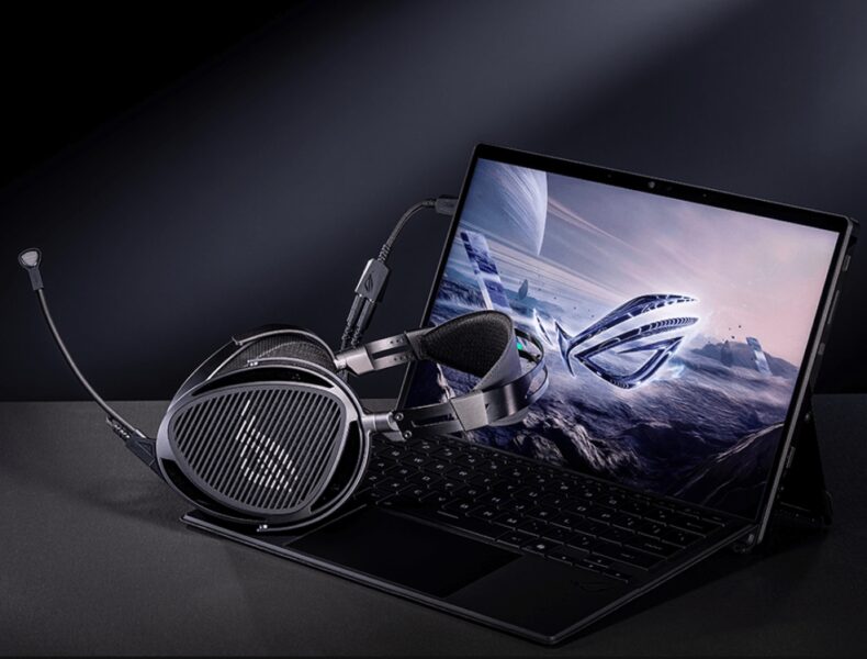 ROG Kithara Gaming Headset ASUS ROG Kithara 100 mm HIFIMAN düzlemsel manyetik sürücü gaming kulaklık ve dizüstü bilgisayar, PS5 uyumlu, yüksek ses kalitesi ve konfor sağlayan oyun ekipmanı.