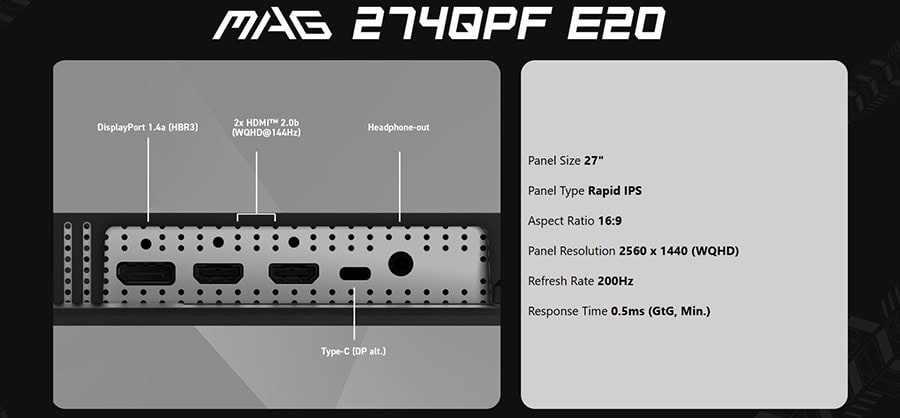 MSI MAG 274QPF E20 27 inç 200Hz, 0.5ms, 2K WQHD, Adaptive Sync, Rapid IPS, Pivot, yüksek performanslı oyun monitörü.
