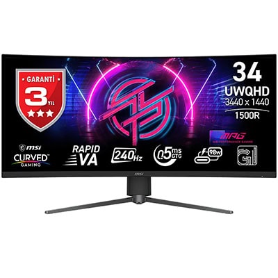 Yüksek performanslı MSI MPG 346CQRF X24 34 inç kavisli gaming monitör, 240Hz yenileme hızı, 0.5ms tepki süresi ve UWQHD çözünürlük ile üstün oyun deneyimi sağlar.