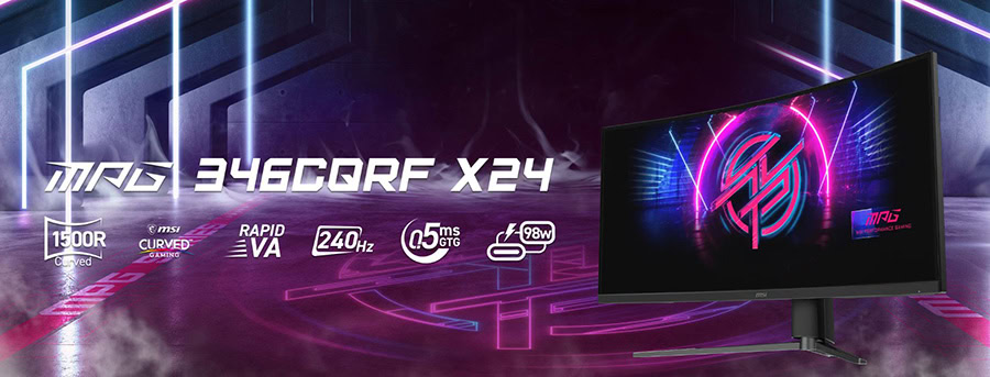 MSI MPG 346CQRF X24 34 inç 240Hz UWQHD Kavisli Gaming Monitör, 0.5ms tepki süresi, Adaptive Sync ve Rapid VA teknolojisi ile yüksek performans ve görsel kalite sağlar.