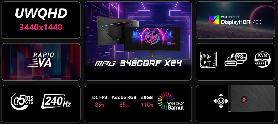 MSI MPG 346CQRF X24 34 inç UWQHD 240Hz Kavisli Gaming Monitör, 0.5ms tepki süresi, Adaptive Sync ve Rapid VA panel özellikleriyle yüksek performans ve görsel kalite sağlar.