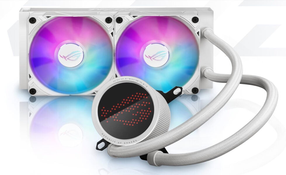 ROG RYUO III 240 ARGB WHITE EDITION ASUS ROG STRIX LC II 240 ARGB 240mm İşlemci Sıvı Soğutucu, beyaz renkli ve Intel-AMD uyumlu, RGB aydınlatmalı yüksek performanslı sıvı soğutma sistemi.