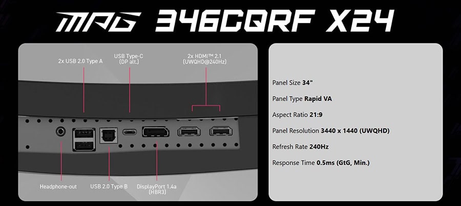 MSI MPG 346CQRF X24 34 inç 240Hz UWQHD Kavisli Gaming Monitör, Adaptive Sync ve Rapid VA teknolojisi ile yüksek performans ve görsel kalite sağlar.