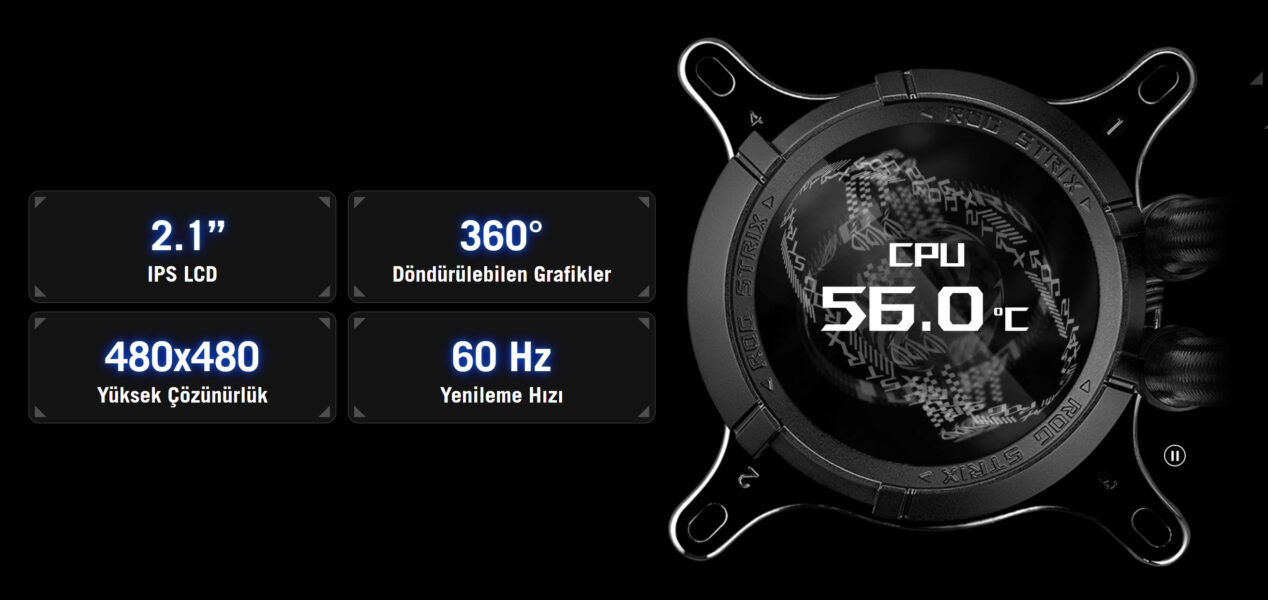ROG STRIX LC III 360 ARGB LCD ASUS ROG Strix LC III 360 ARGB, Intel ve AMD uyumlu 360mm sıvı işlemci soğutucu, yüksek performans ve şık tasarımıyla gaming ve overclocking için ideal.