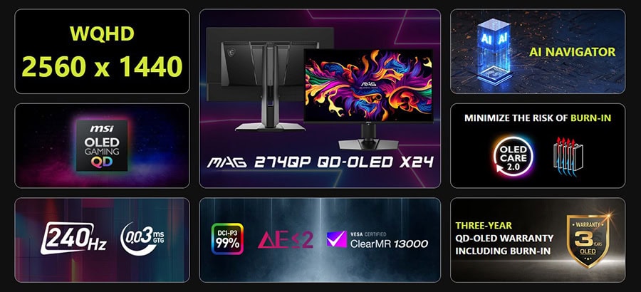 MSI MAG 274QP QD-OLED 27 inç WQHD 2560x1440 240Hz Gaming Monitör.