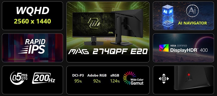 MSI MAG 274QPF E20 27 inç 200Hz 0.5ms WQHD IPS Oyun Monitörü, Adaptive Sync ve Rapid IPS teknolojisi ile yüksek performans ve net görüntü sağlar.