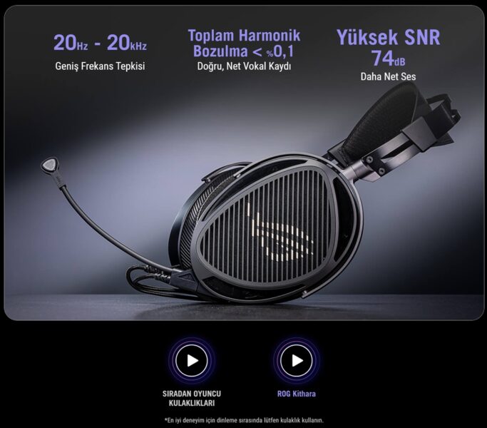 ROG Kithara Gaming Headset ASUS ROG Kithara 100mm HIFIMAN düzlemsel manyetik sürücü ile PS5 uyumlu yüksek kaliteli gaming kulaklık. Geniş frekans tepkisi ve yüksek SNR ile üstün ses deneyimi sağlar.