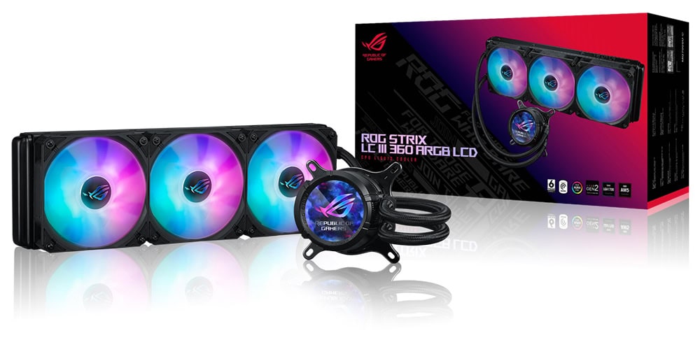 ROG STRIX LC III 360 ARGB LCD ASUS ROG Strix LC III 360 ARGB 360mm İşlemci Sıvı Soğutucu, Intel ve AMD uyumlu, RGB aydınlatmalı yüksek performanslı sıvı soğutma sistemi.