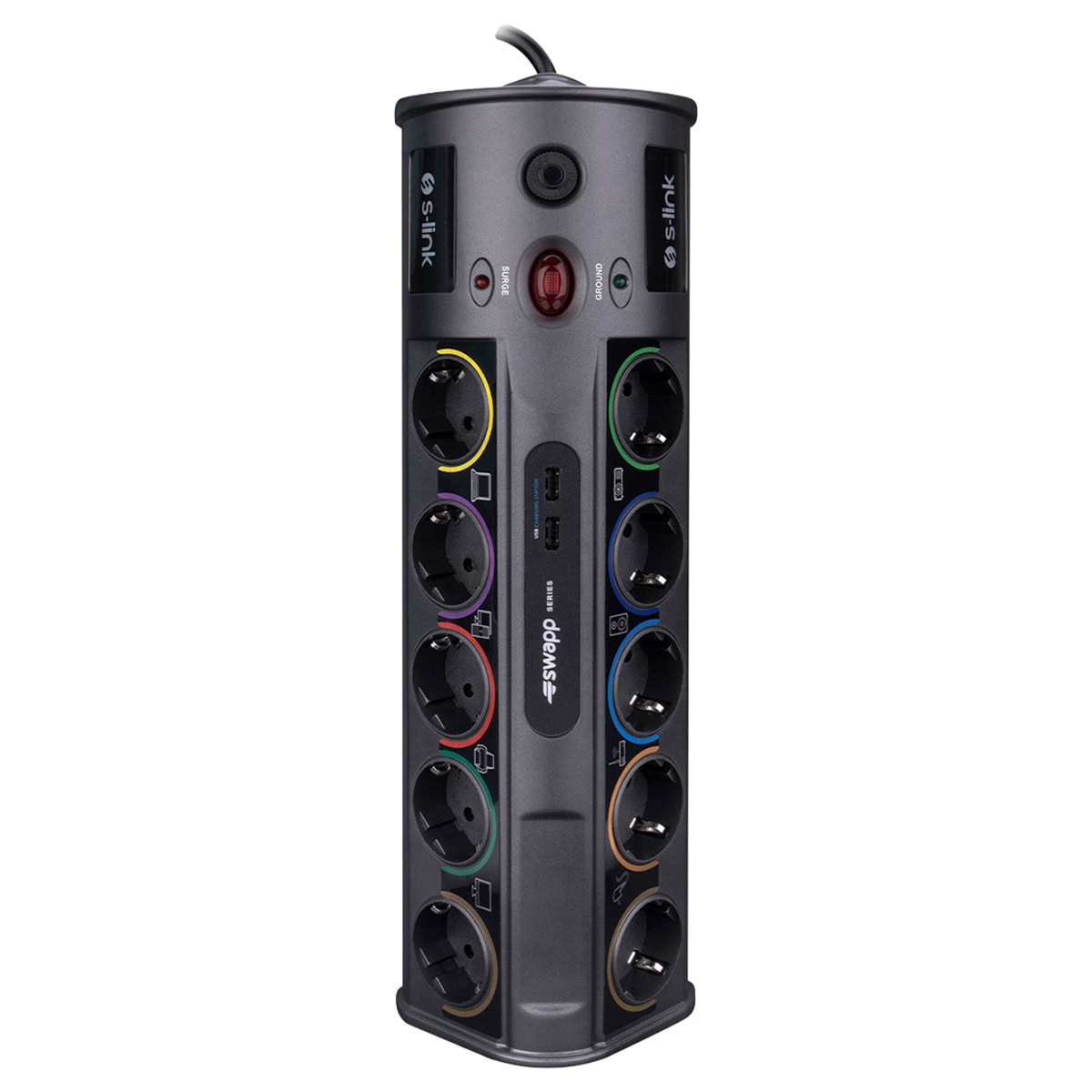 S-Link PRZ010 1.8M 16A akım korumalı priz, USB ve Type-C portlarıyla oyun ve ofis kullanımı için ideal, 1860 Joule koruma seviyesine sahip, 1.5mm kablo kalınlığı, 10'lu priz dizisi.