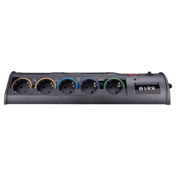 S-Link PRZ010 1.8M 1860 Joule korumalı çoklu priz, 5 çıkışlı, USB ve Type-C portlarıyla elektronik cihazlar için güvenli güç dağıtımı sağlar.